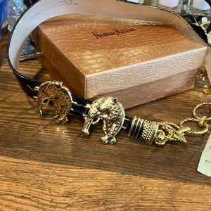 Black leather belt with leopard emblushments